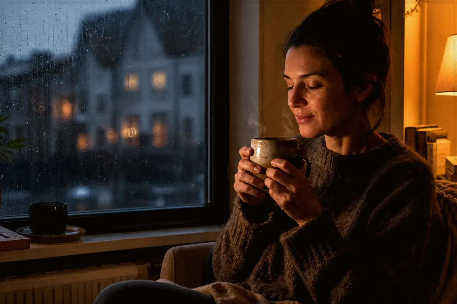Eine Frau genießt an einem regnerischen Abend ruhig eine warme Tasse Kaffee am Fenster – gezeigt für Reinigung & Pflege im Themenvergleich.