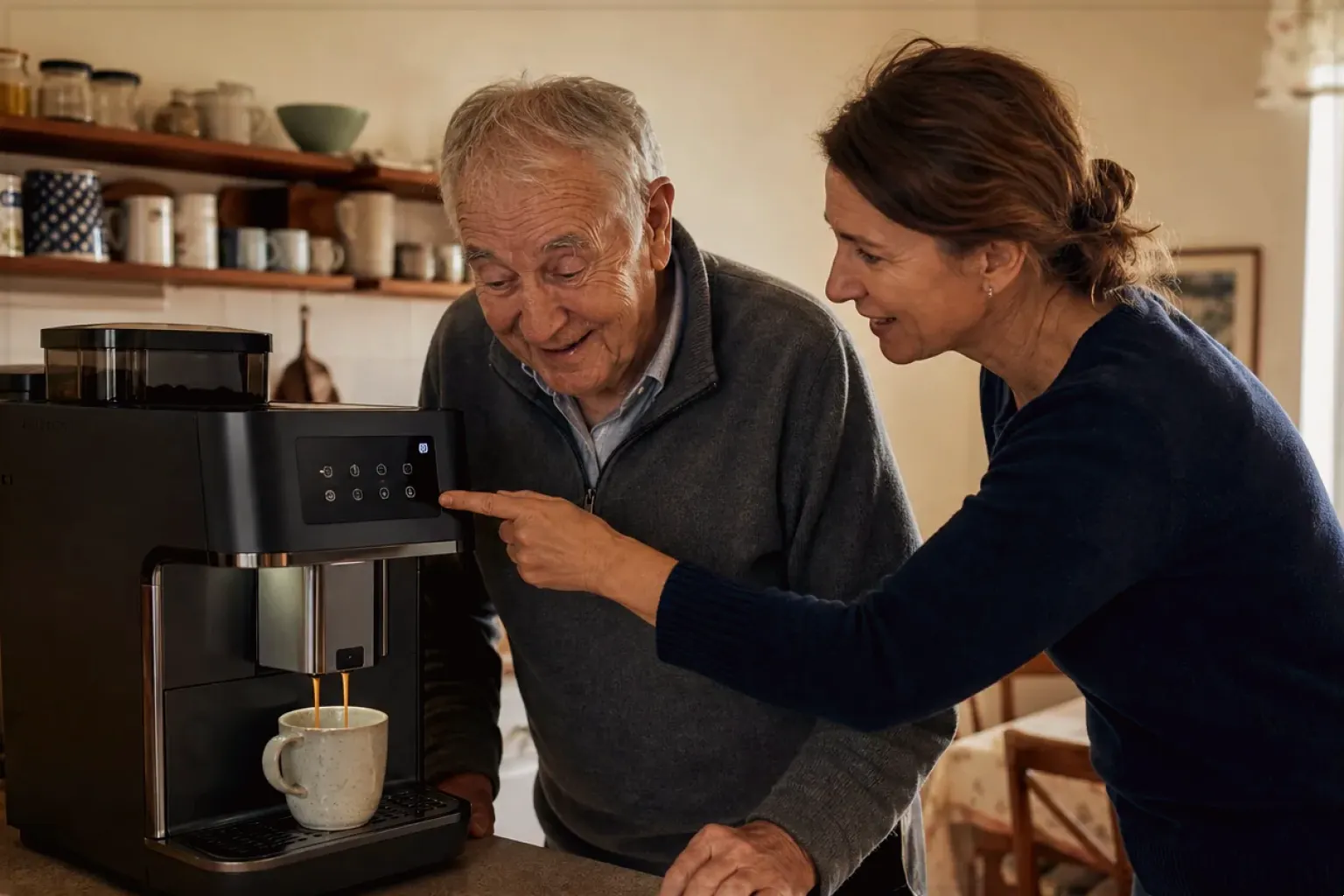 Eine erwachsene Tochter erklärt ihrem Vater verständlich die Bedienung eines Kaffeevollautomaten.