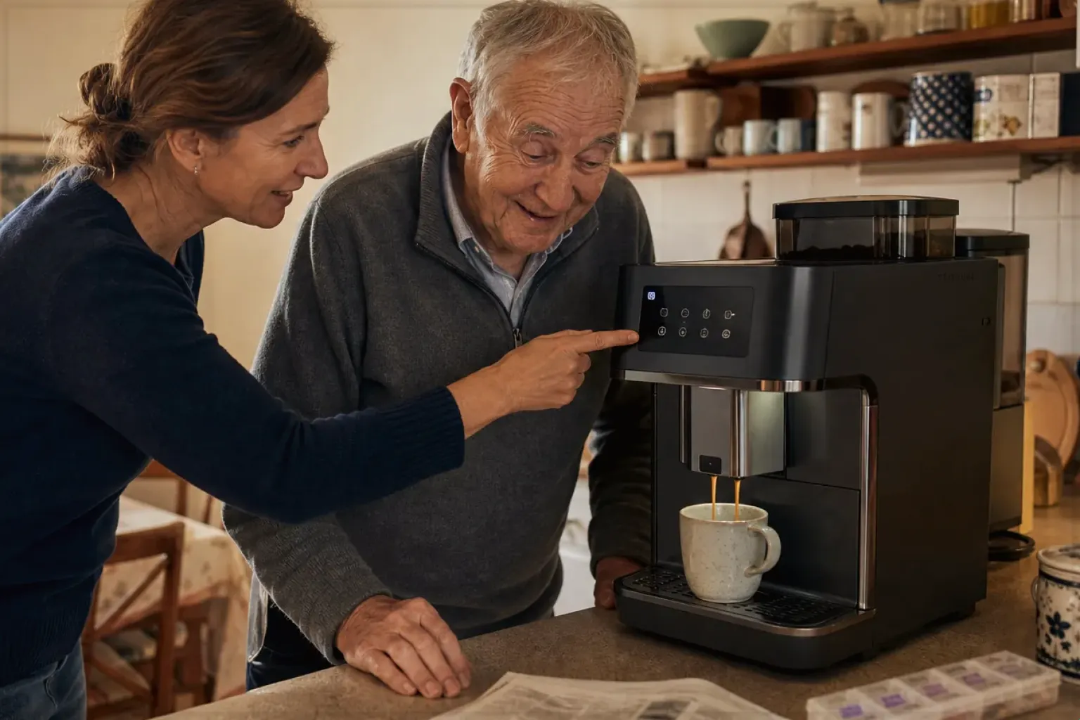 Eine erwachsene Tochter erklärt ihrem Vater verständlich die Bedienung eines Kaffeevollautomaten.