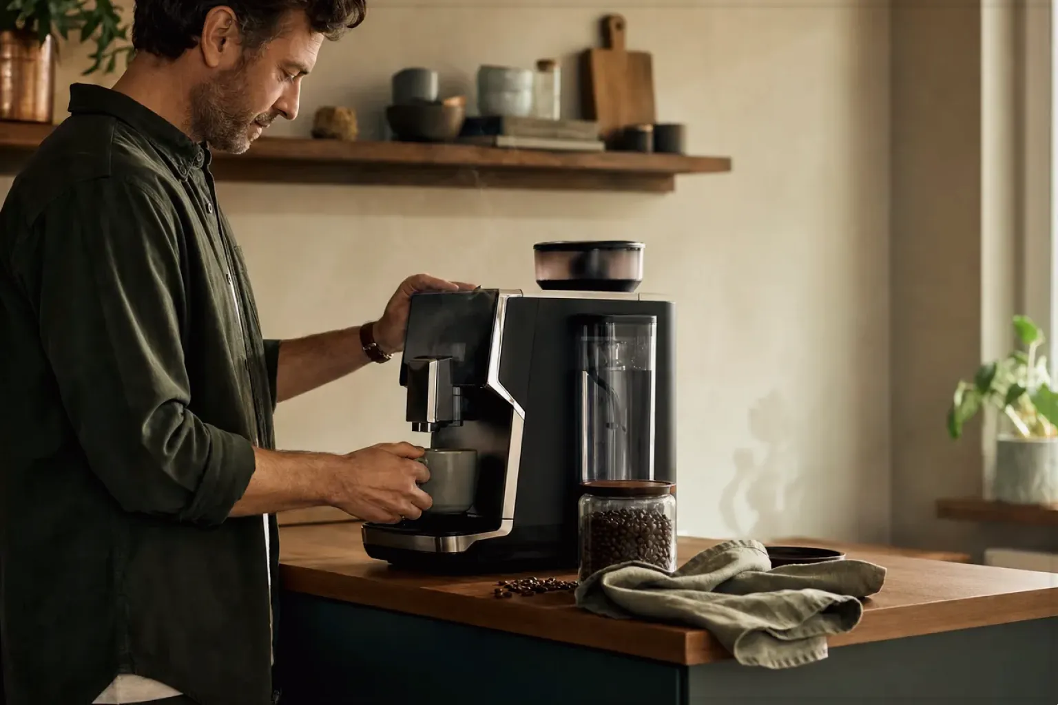 Ein Mann bereitet morgens Kaffee an einem Vollautomaten in seiner Küche zu – gezeigt für Kaffeemühlen im Themenvergleich.