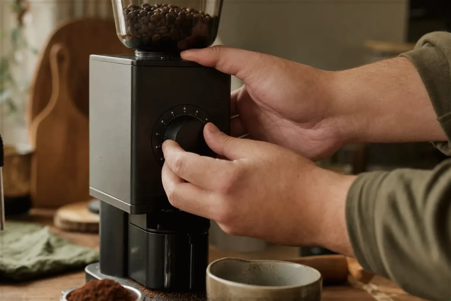 Zwei Hände stellen den Mahlgrad an einer Kaffeemühle neben einer Espressomaschine ein – gezeigt für Kaffeemühlen im Themenvergleich.