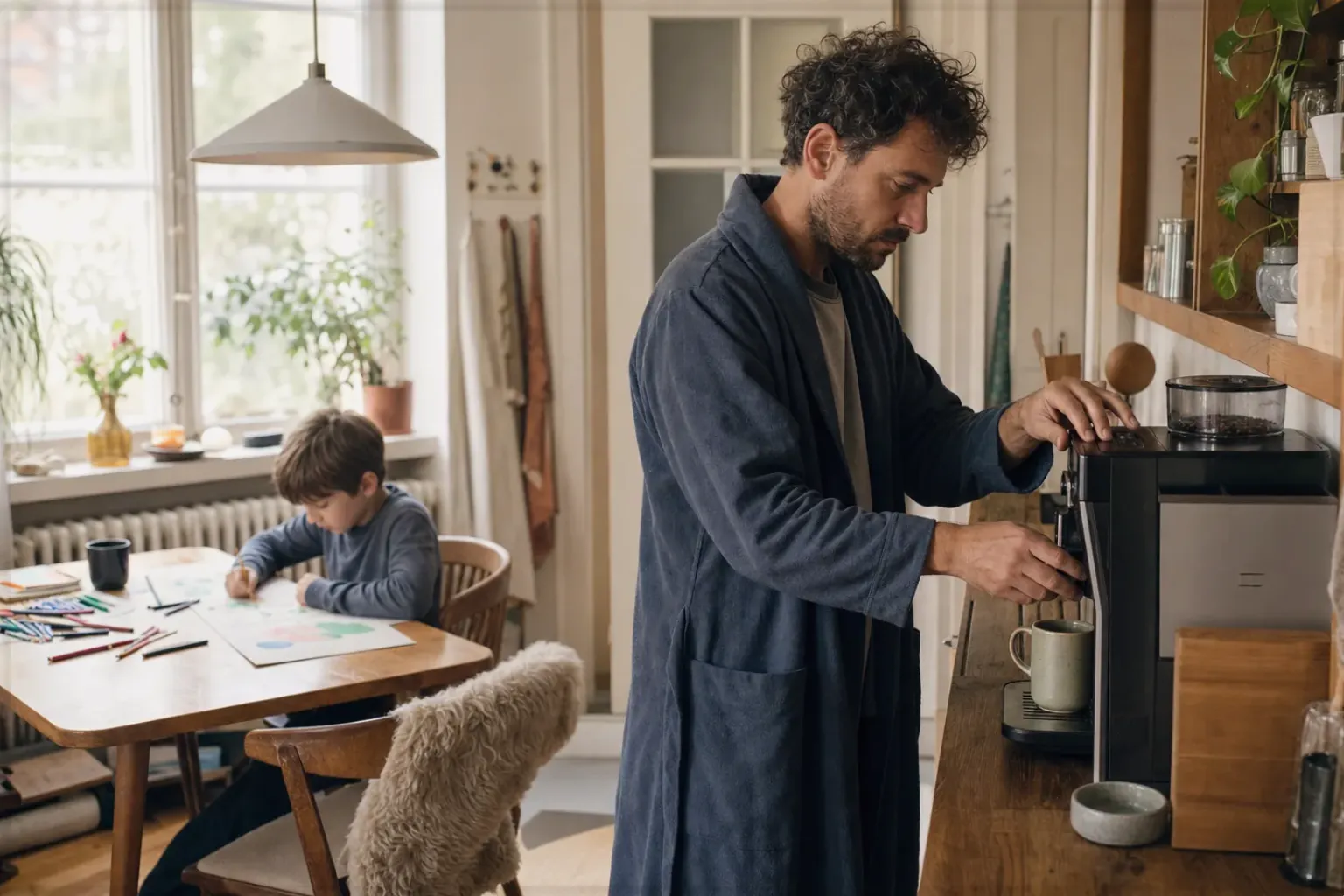 Ein Vater bereitet morgens Kaffee am Vollautomaten zu, während sein Kind am Küchentisch malt – gezeigt für Kaffeemühlen im Themenvergleich.