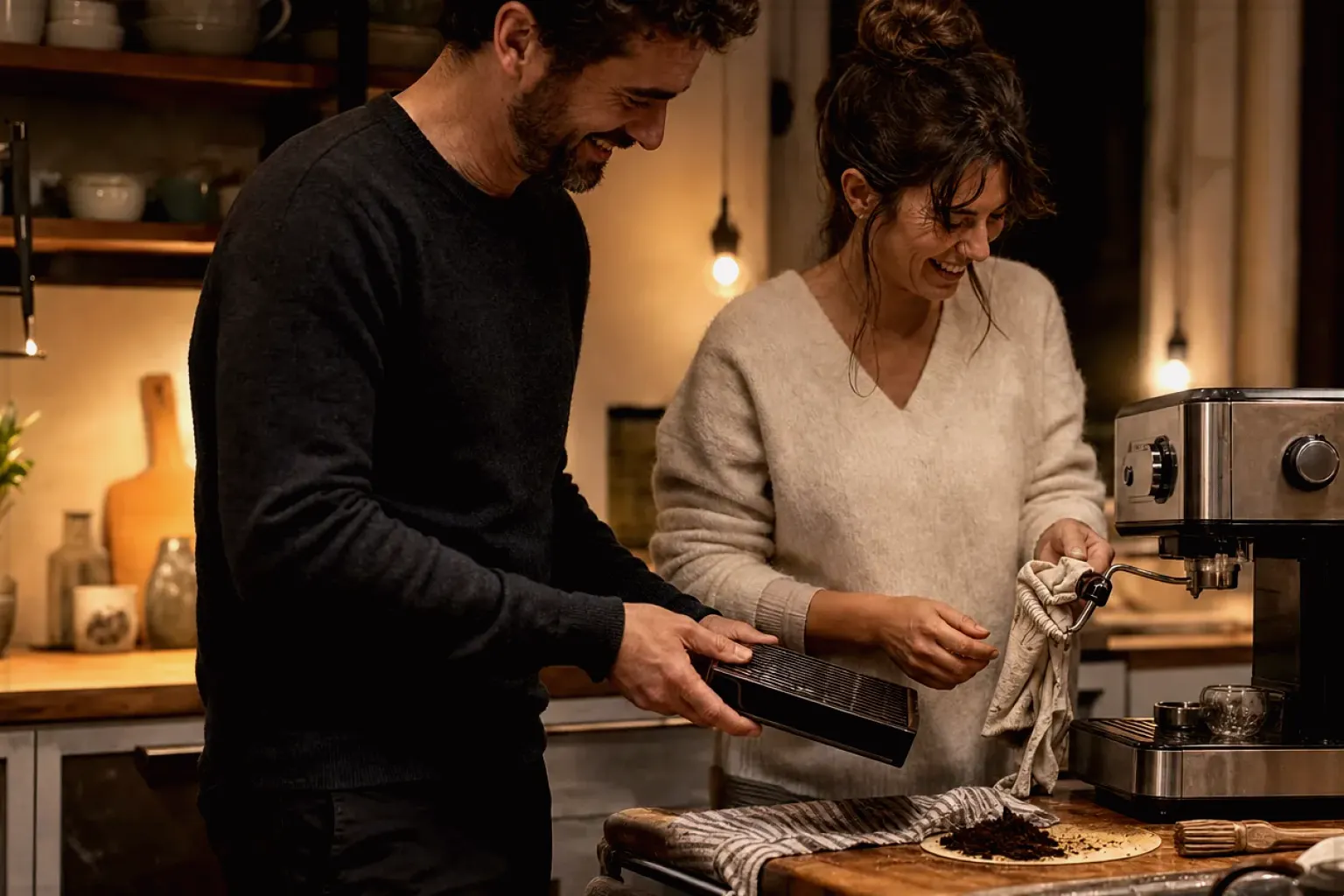 Ein Paar reinigt am Abend gemeinsam und gut gelaunt seine Espressomaschine in der Küche – gezeigt für Kaffeemühlen im Themenvergleich.