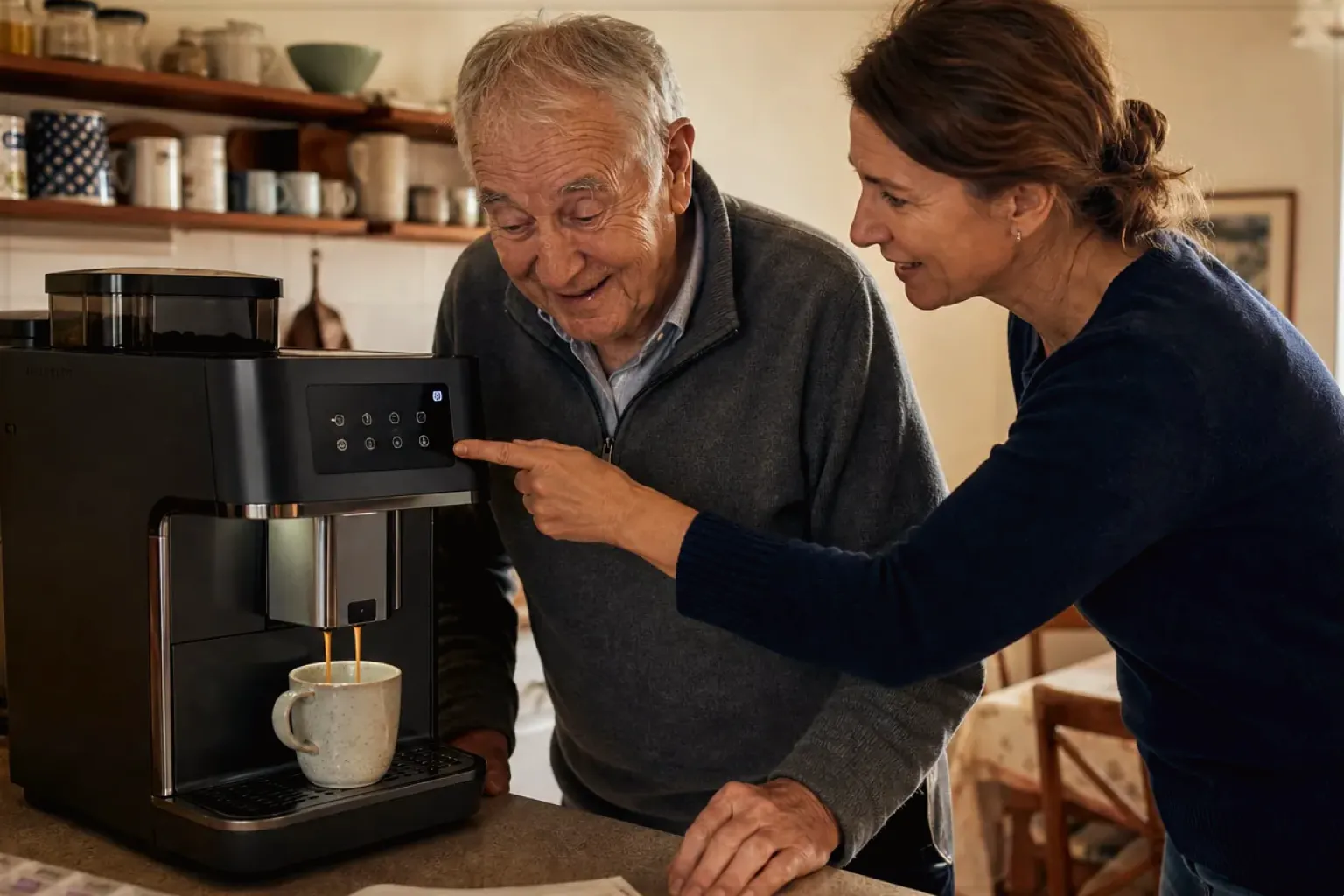 Eine erwachsene Tochter erklärt ihrem älteren Vater in seiner Küche einen Kaffeevollautomaten – gezeigt für Kaffeemühlen im Themenvergleich.