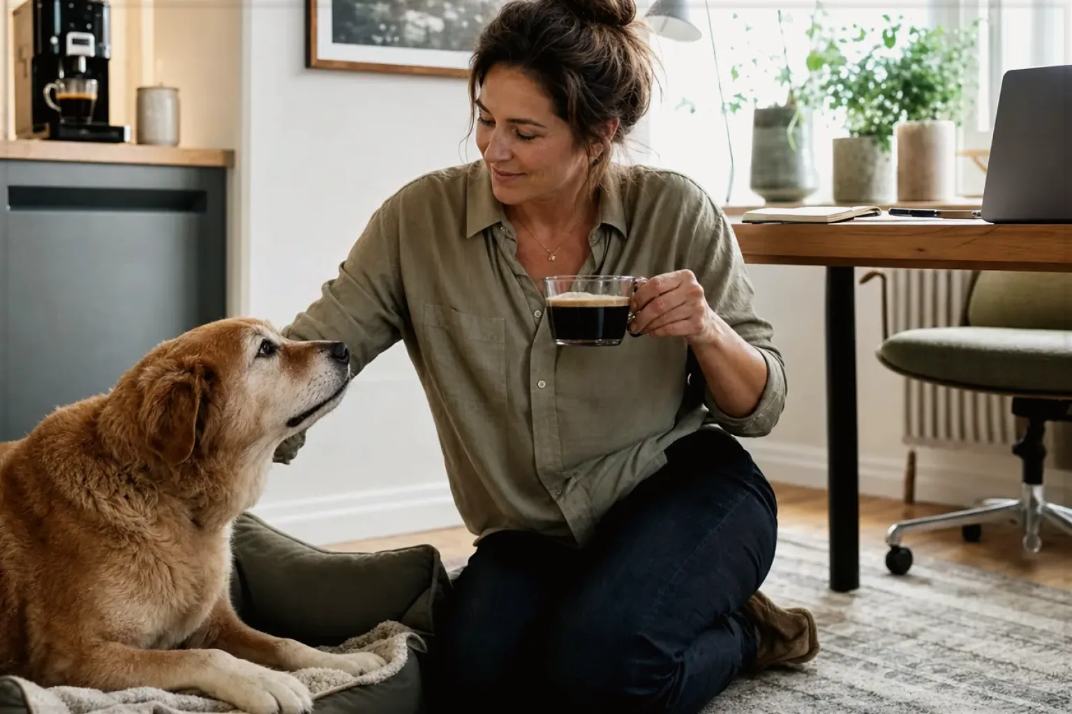 Eine Frau genießt im Homeoffice eine Kaffeepause bei ihrem älteren Hund – gezeigt für Kaffeemühlen im Themenvergleich.