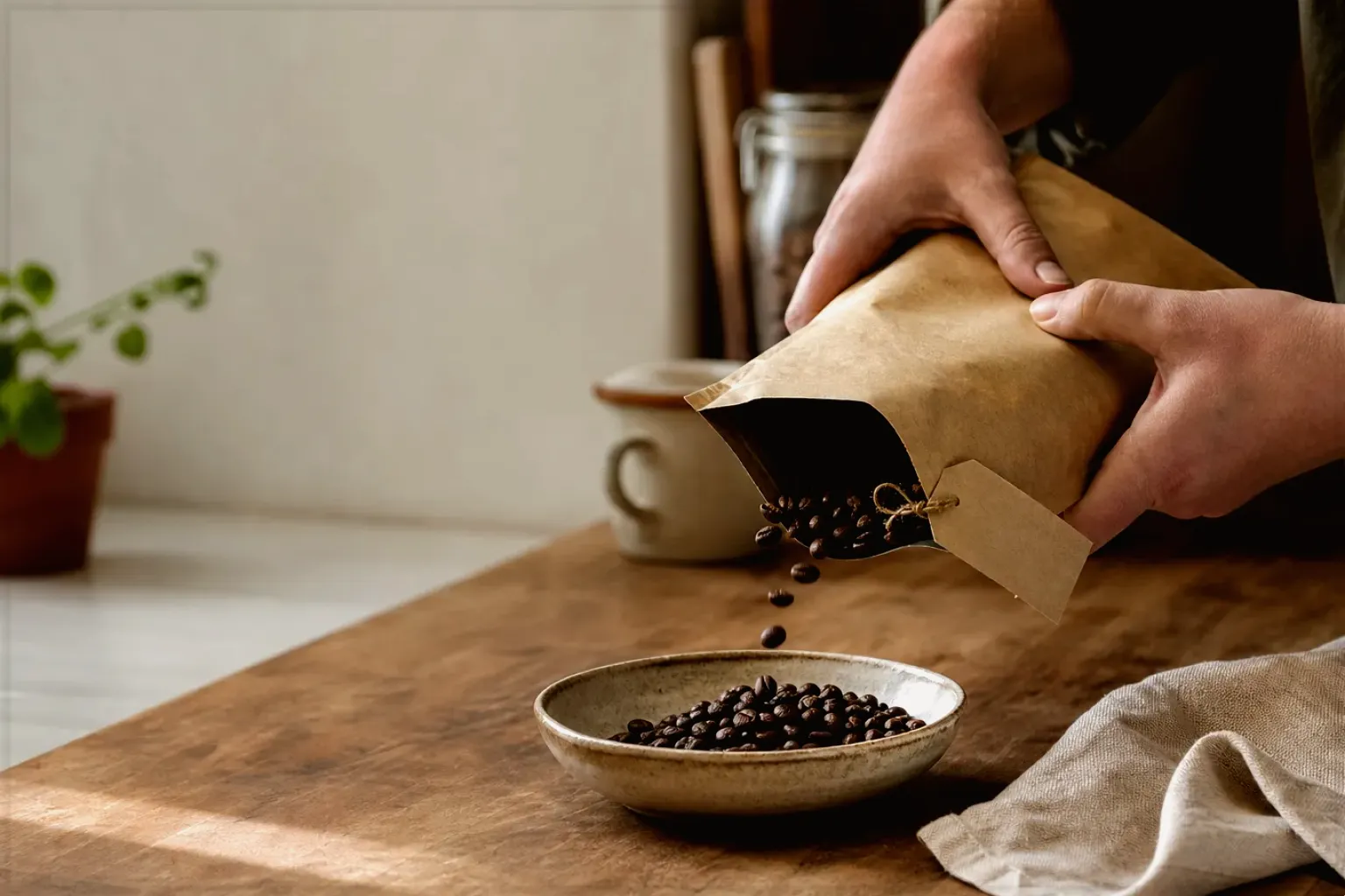 Hände füllen frisch geröstete Kaffeebohnen aus einer Papiertüte in eine Keramikschale – gezeigt für Kaffeemühlen im Themenvergleich.