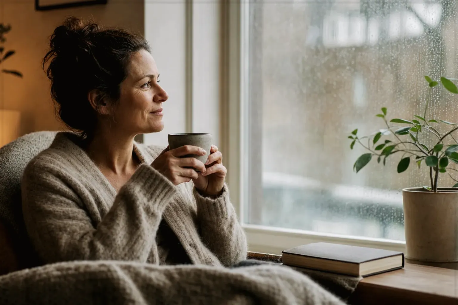 Eine Frau genießt an einem regnerischen Nachmittag ruhig eine Tasse Kaffee am Fenster – gezeigt für Kaffeemühlen im Themenvergleich.