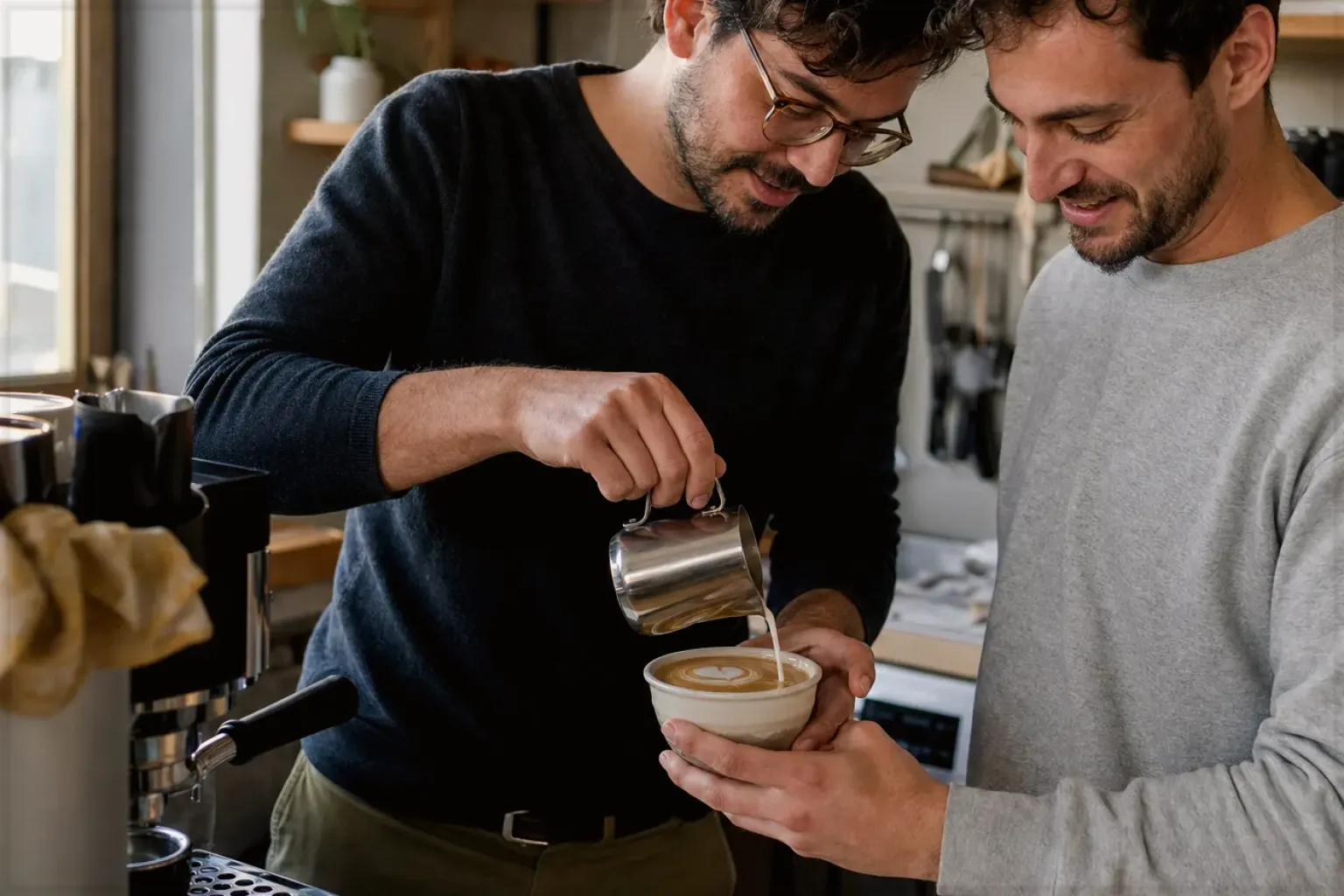 Zwei Freunde freuen sich in einer kleinen Küche über ihre gemeinsam gegossene Latte Art – gezeigt für Kaffeemühlen im Themenvergleich.