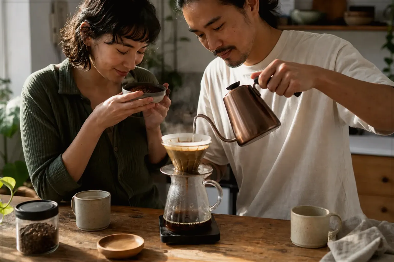 Zwei Menschen bereiten am Wochenende gemeinsam Filterkaffee mit einem Handfilter zu – gezeigt für Kaffeemühlen im Themenvergleich.