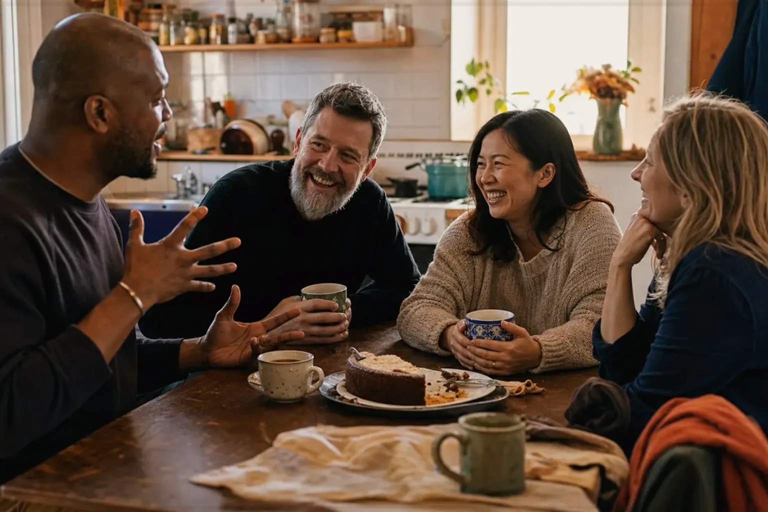 Vier erwachsene Freunde lachen gemeinsam bei Kaffee und selbst gebackenem Kuchen – gezeigt für Kaffeemühlen im Themenvergleich.