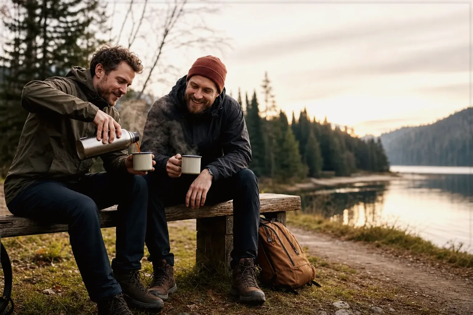 Zwei Freunde teilen auf einer Wanderung heißen Kaffee aus einer Thermoskanne am See – gezeigt für Kaffeemühlen im Themenvergleich.
