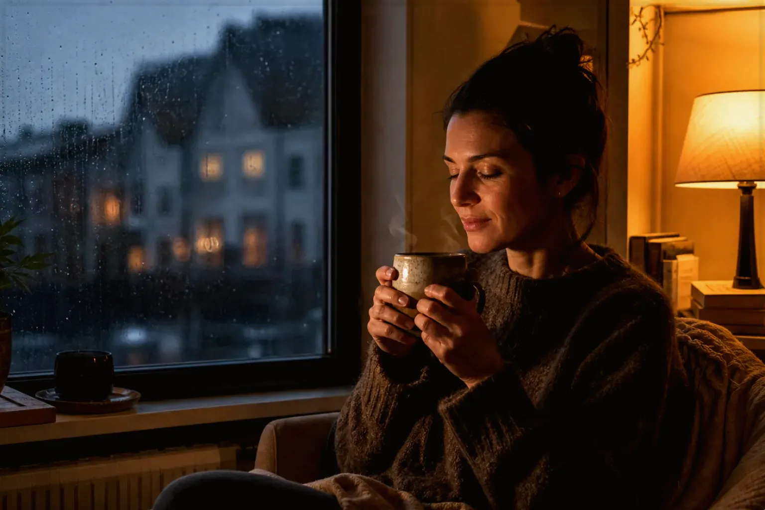 Eine Frau genießt an einem regnerischen Abend ruhig eine warme Tasse Kaffee am Fenster – gezeigt für Kaffeemühlen im Themenvergleich.