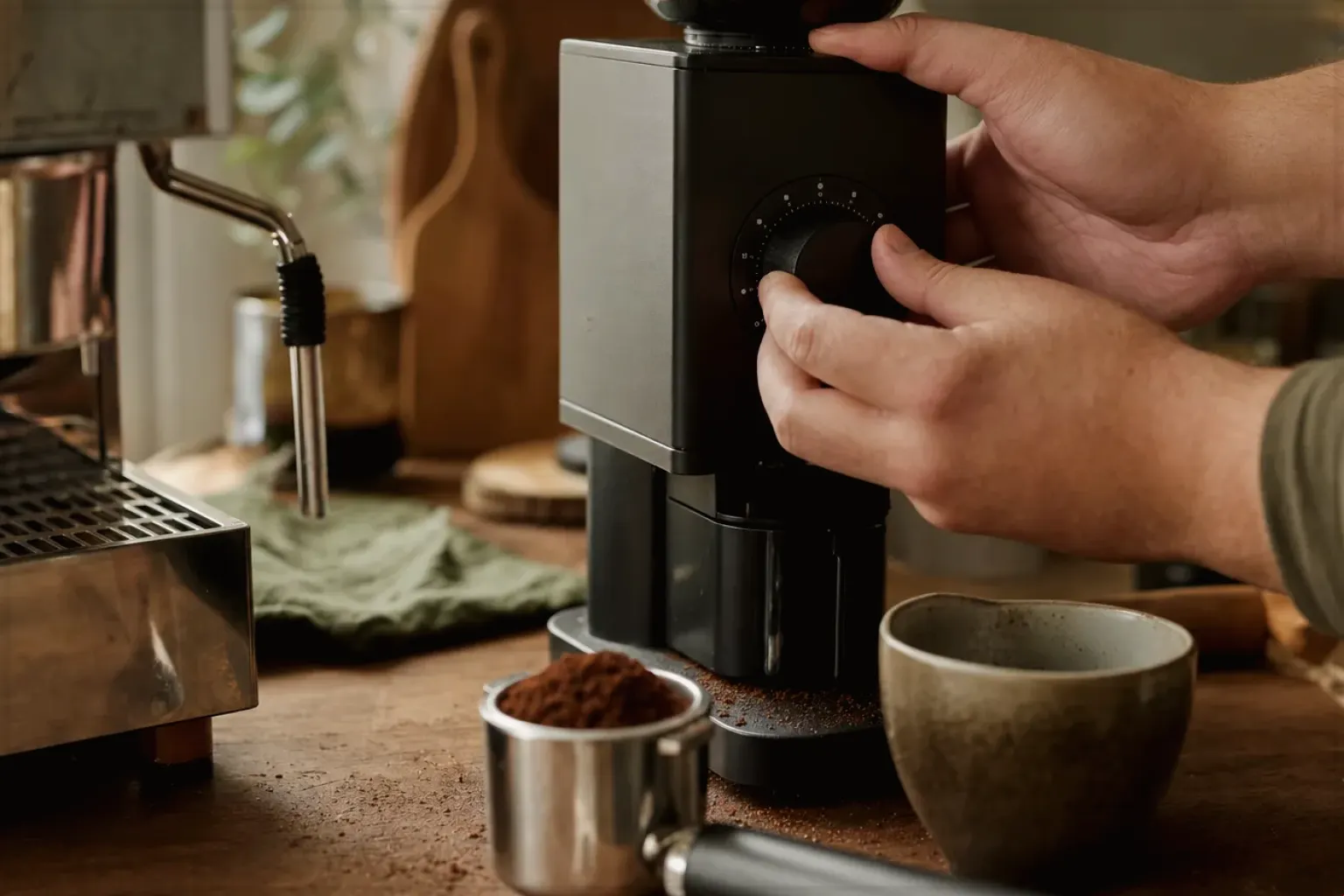 Zwei Hände stellen den Mahlgrad an einer Kaffeemühle präzise ein.