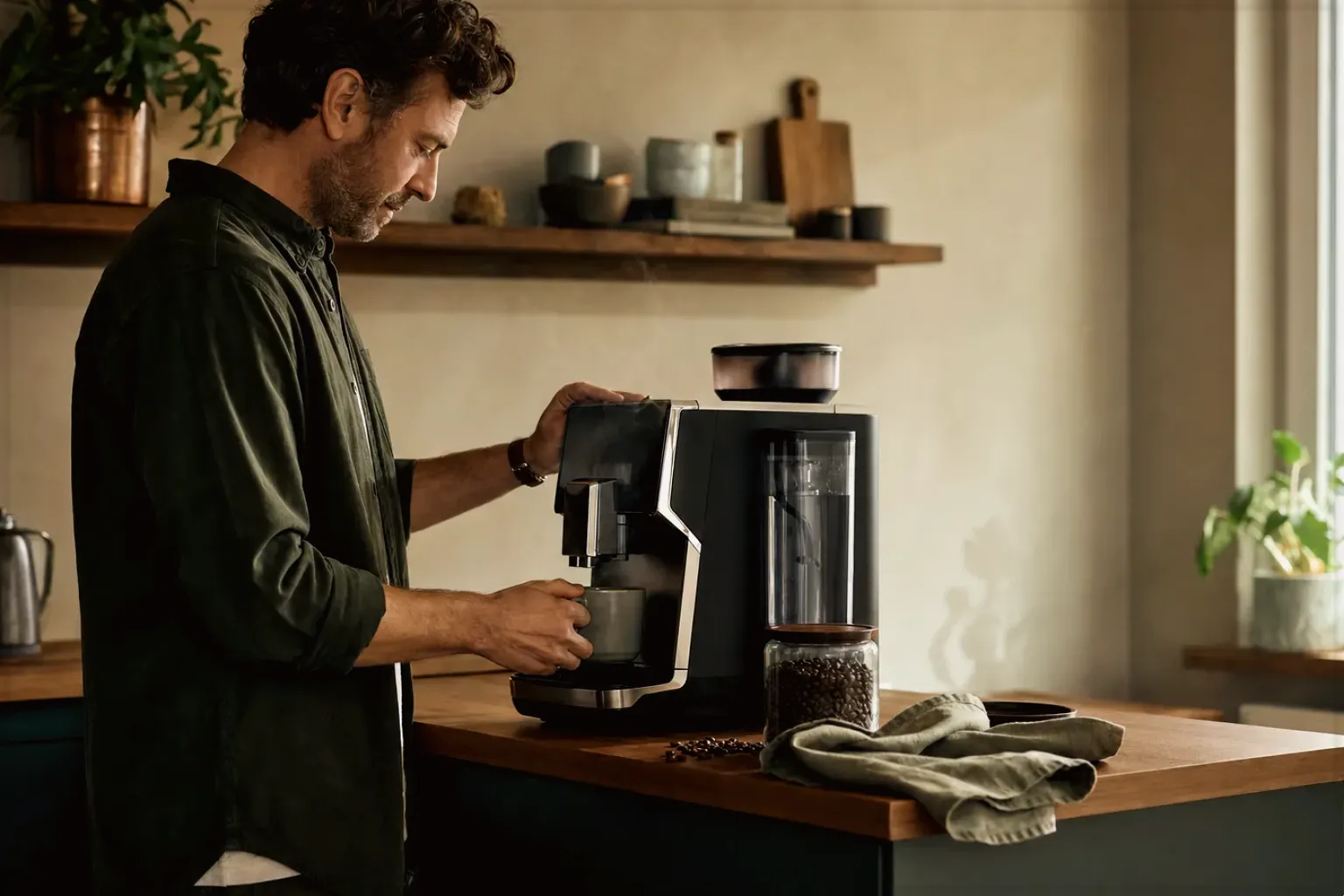 Ein Mann bereitet morgens Kaffee an einem Vollautomaten in seiner Küche zu – gezeigt für Kaffeevollautomaten im Themenvergleich.