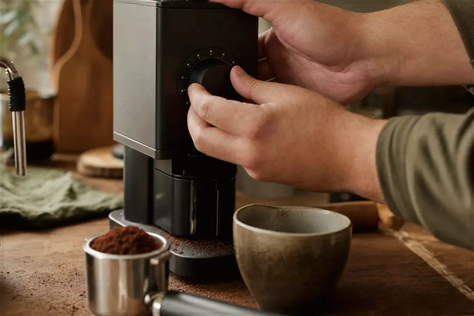 Zwei Hände stellen den Mahlgrad an einer Kaffeemühle neben einer Espressomaschine ein – gezeigt für Kaffeevollautomaten im Themenvergleich.