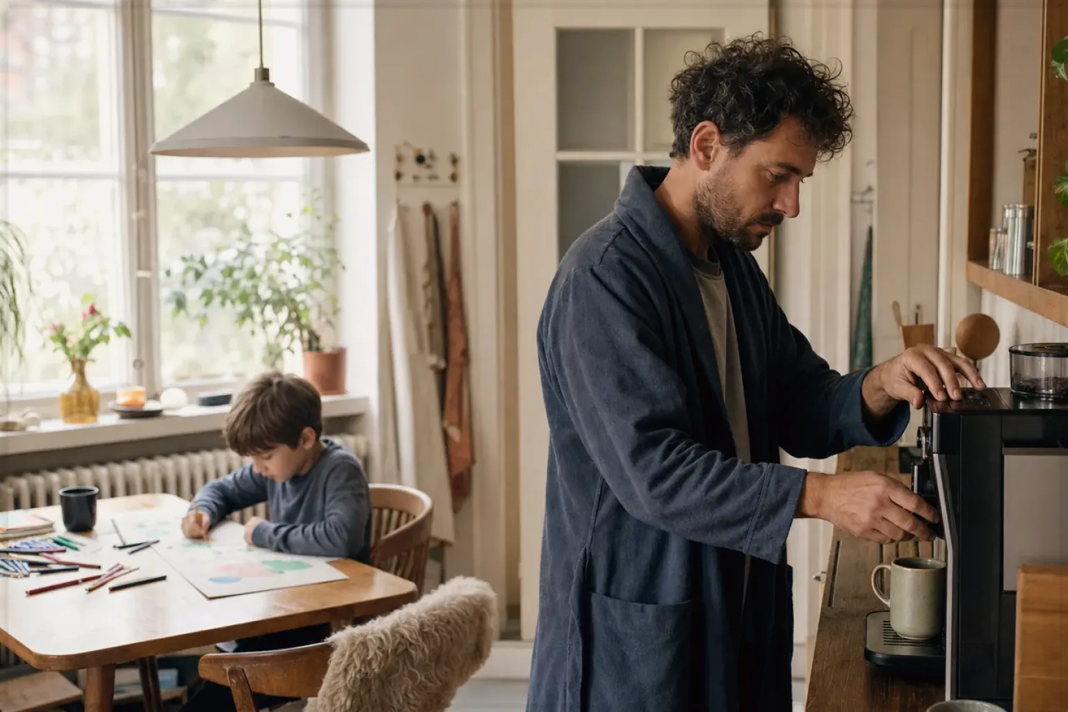 Ein Vater bereitet morgens Kaffee am Vollautomaten zu, während sein Kind am Küchentisch malt – gezeigt für Kaffeevollautomaten im Themenvergleich.
