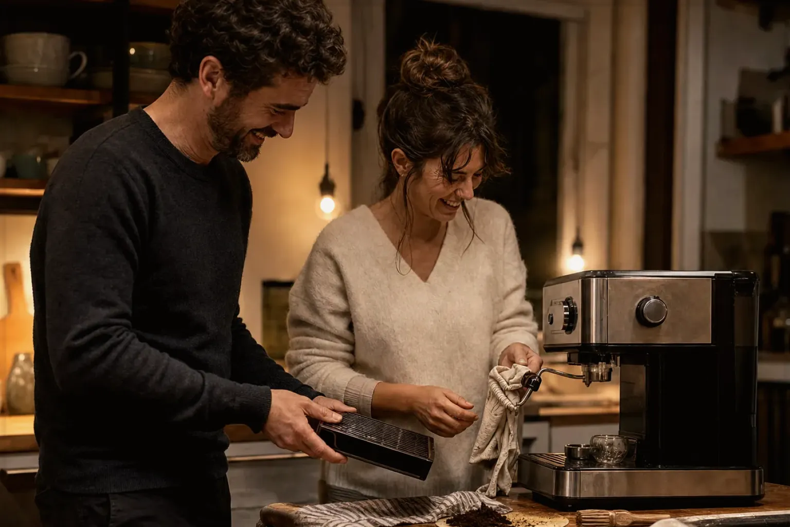Ein Paar reinigt am Abend gemeinsam und gut gelaunt seine Espressomaschine in der Küche – gezeigt für Kaffeevollautomaten im Themenvergleich.