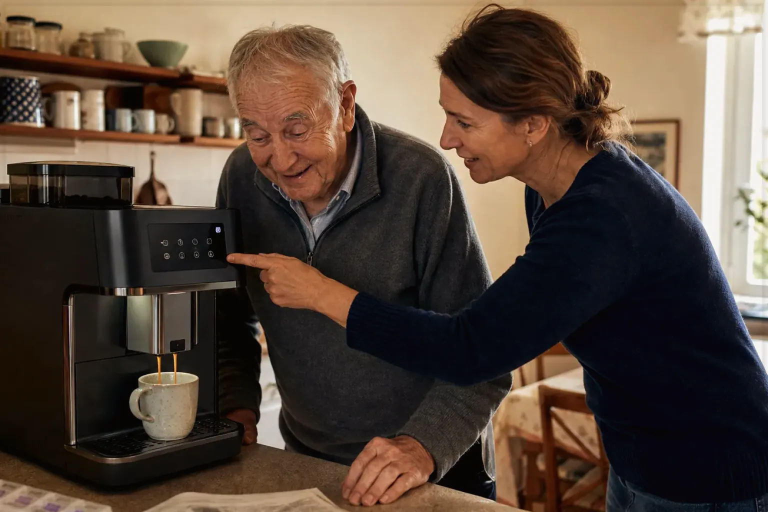 Eine erwachsene Tochter erklärt ihrem älteren Vater in seiner Küche einen Kaffeevollautomaten – gezeigt für Kaffeevollautomaten im Themenvergleich.