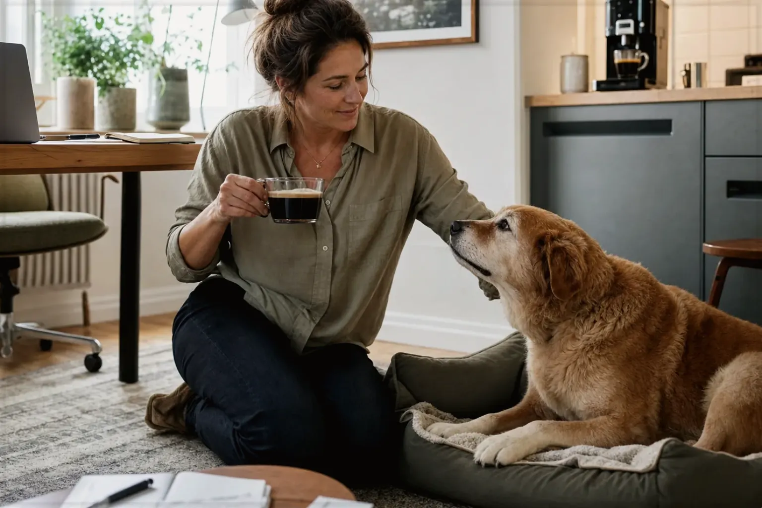 Eine Frau genießt im Homeoffice eine Kaffeepause bei ihrem älteren Hund – gezeigt für Kaffeevollautomaten im Themenvergleich.