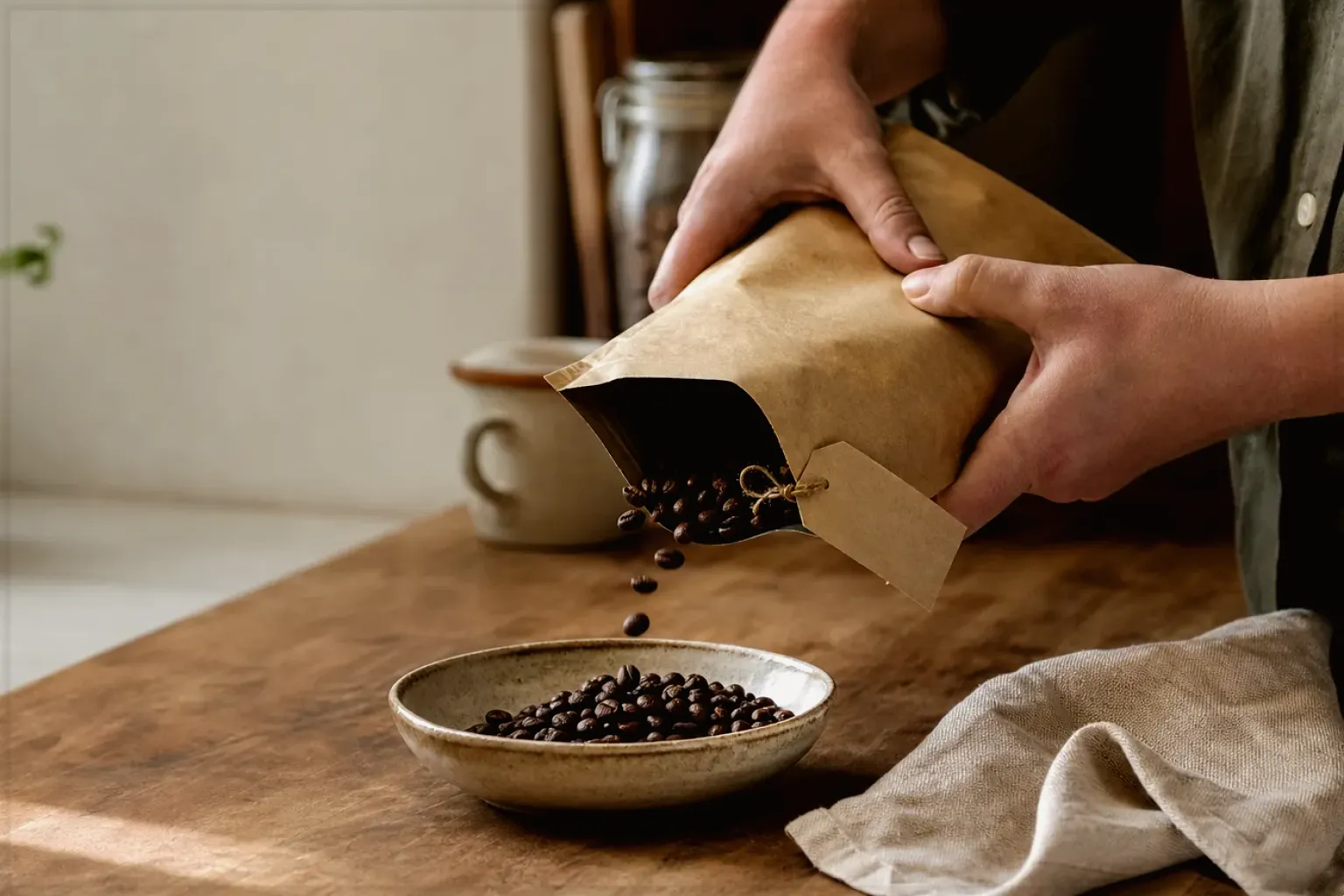 Hände füllen frisch geröstete Kaffeebohnen aus einer Papiertüte in eine Keramikschale – gezeigt für Kaffeevollautomaten im Themenvergleich.