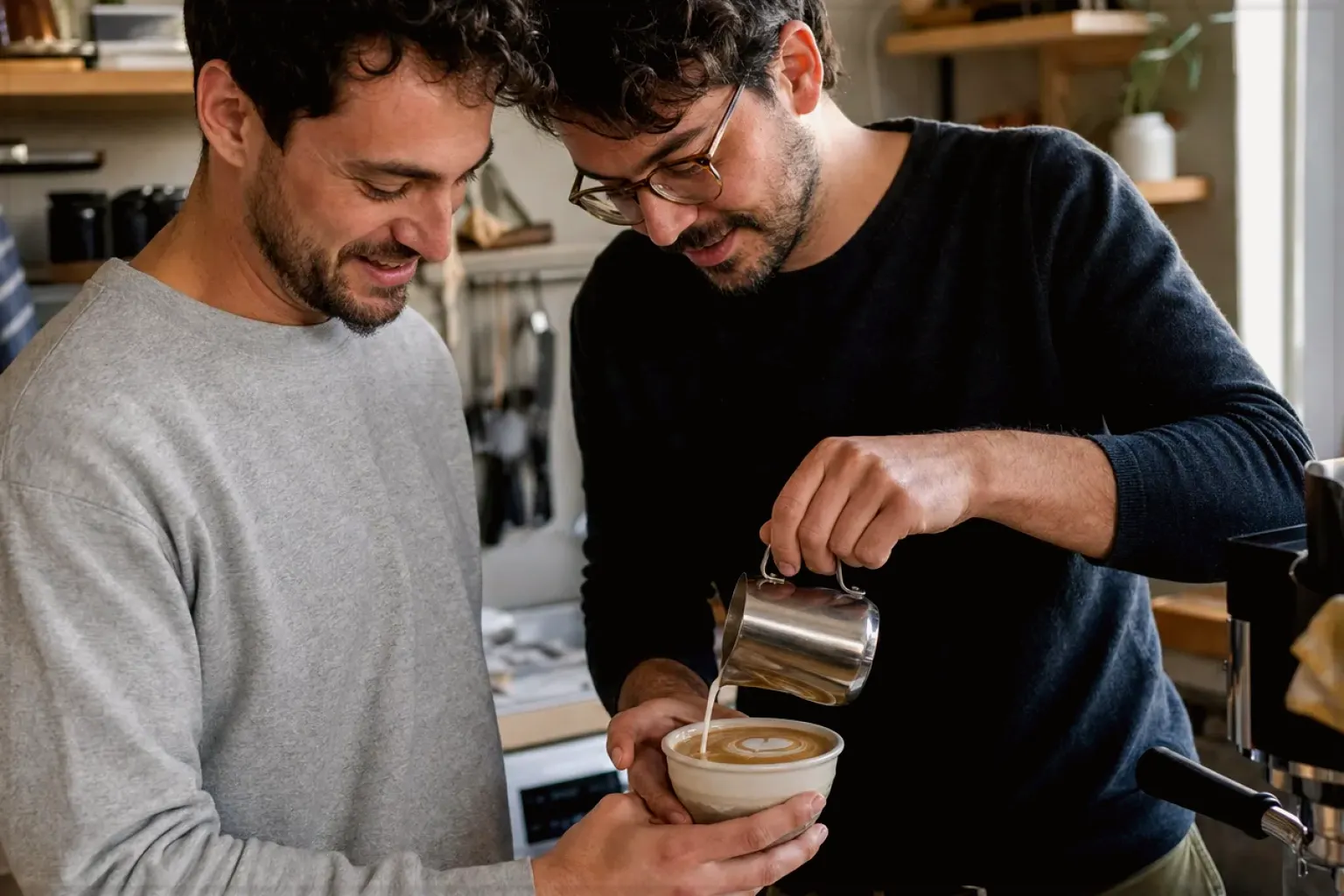 Zwei Freunde freuen sich in einer kleinen Küche über ihre gemeinsam gegossene Latte Art – gezeigt für Kaffeevollautomaten im Themenvergleich.
