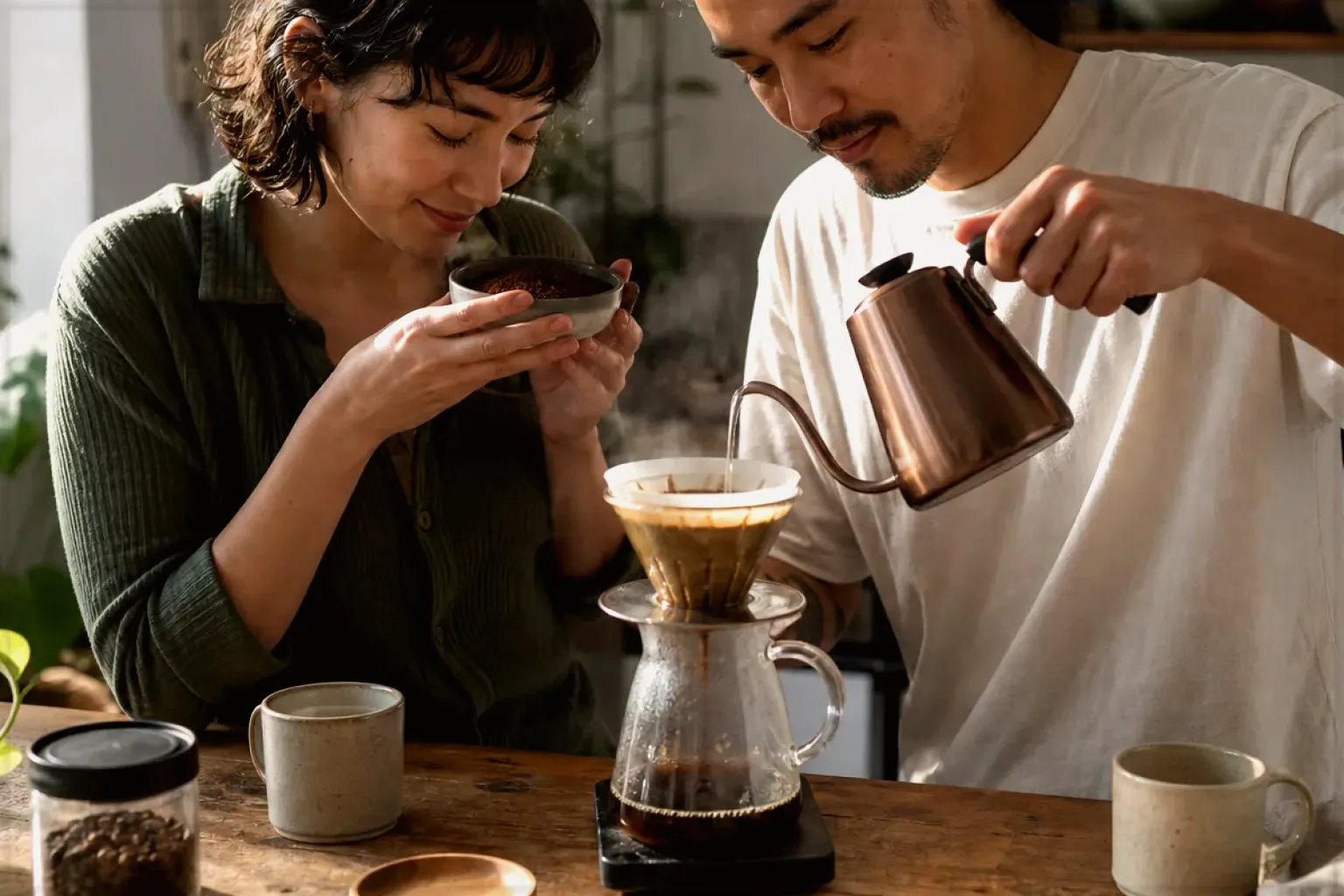Zwei Menschen bereiten am Wochenende gemeinsam Filterkaffee mit einem Handfilter zu – gezeigt für Kaffeevollautomaten im Themenvergleich.