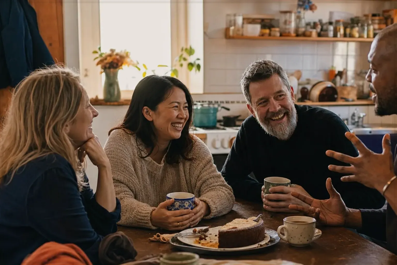 Vier erwachsene Freunde lachen gemeinsam bei Kaffee und selbst gebackenem Kuchen – gezeigt für Kaffeevollautomaten im Themenvergleich.