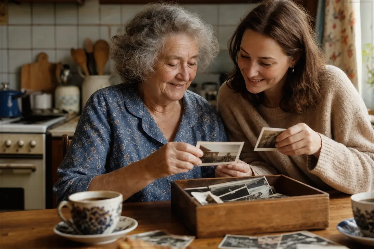 Eine ältere Frau und ihre erwachsene Enkelin betrachten bei Kaffee gemeinsam alte Familienfotos – gezeigt für Kaffeevollautomaten im Themenvergleich.