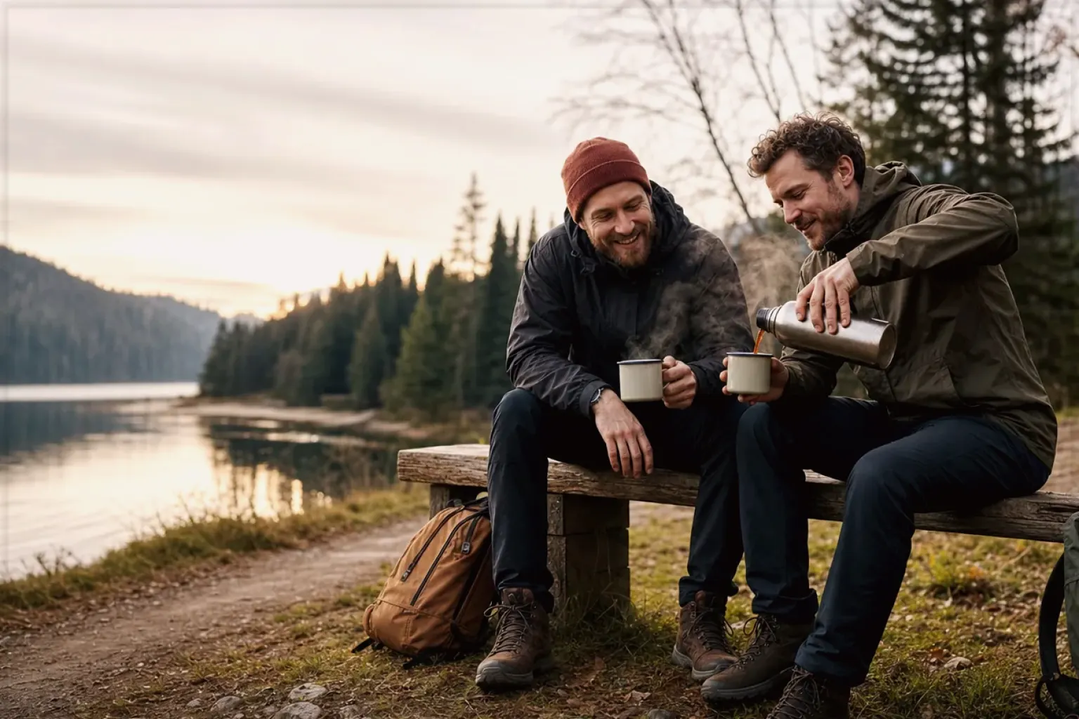 Zwei Freunde teilen auf einer Wanderung heißen Kaffee aus einer Thermoskanne am See – gezeigt für Kaffeevollautomaten im Themenvergleich.