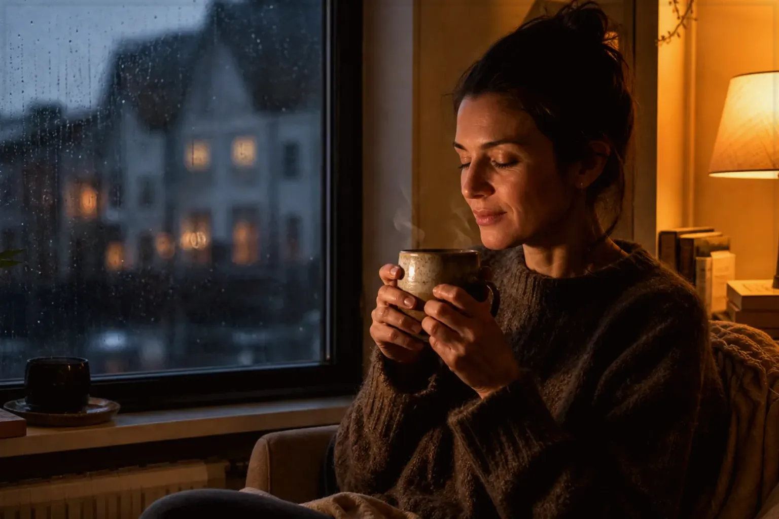 Eine Frau genießt an einem regnerischen Abend ruhig eine warme Tasse Kaffee am Fenster – gezeigt für Kaffeevollautomaten im Themenvergleich.