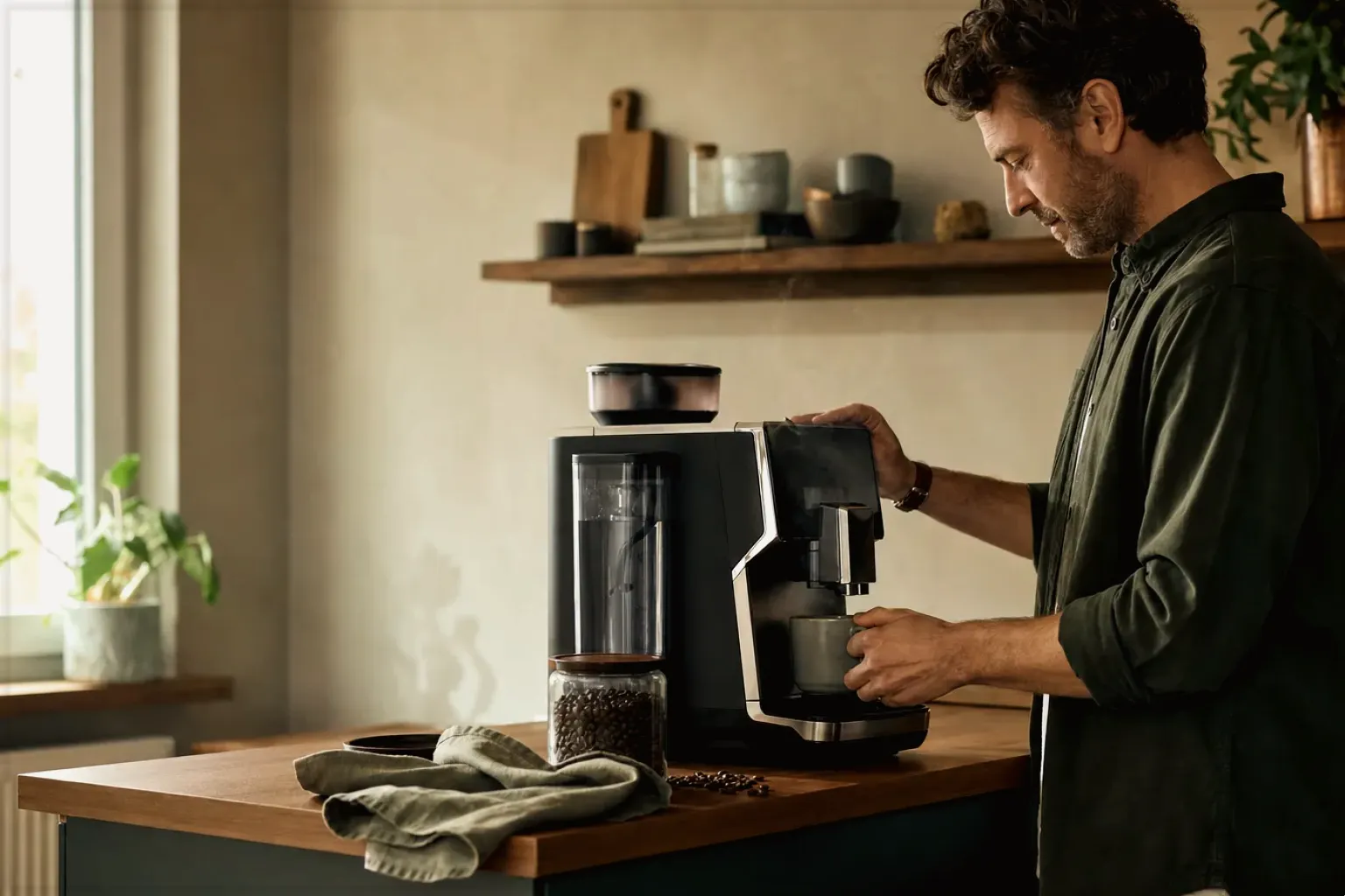 Ein Mann bereitet morgens Kaffee an einem Vollautomaten in seiner Küche zu – gezeigt für Fürs Büro im Themenvergleich.