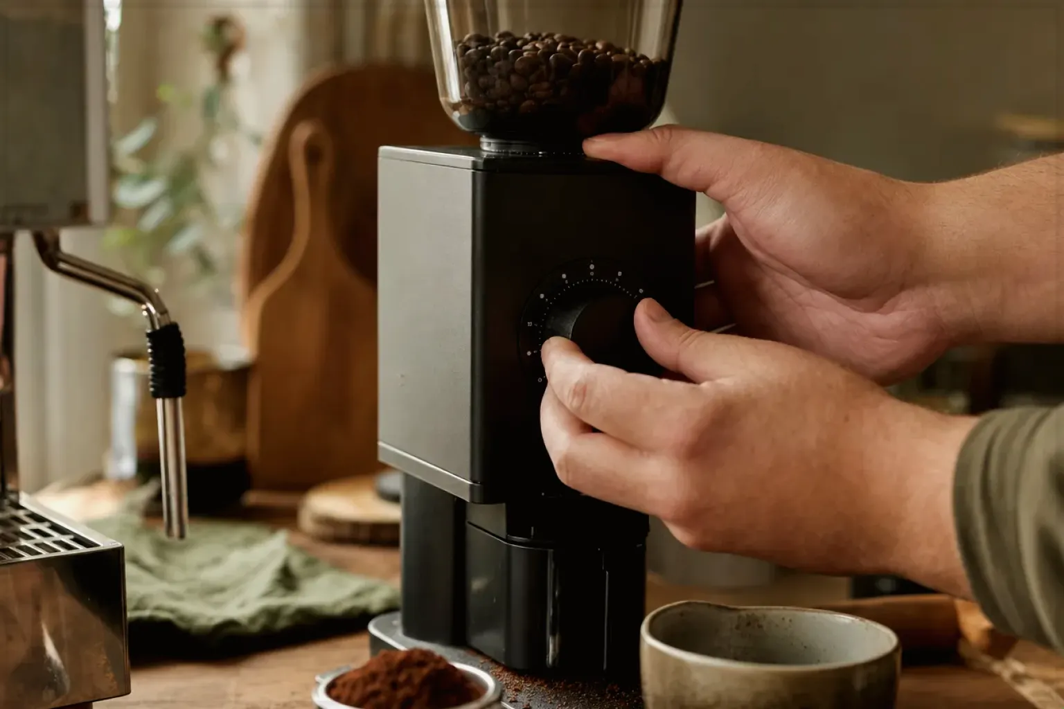 Zwei Hände stellen den Mahlgrad an einer Kaffeemühle neben einer Espressomaschine ein – gezeigt für Fürs Büro im Themenvergleich.
