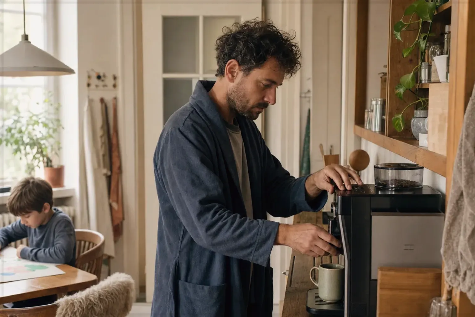 Ein Vater bereitet morgens Kaffee am Vollautomaten zu, während sein Kind am Küchentisch malt – gezeigt für Fürs Büro im Themenvergleich.