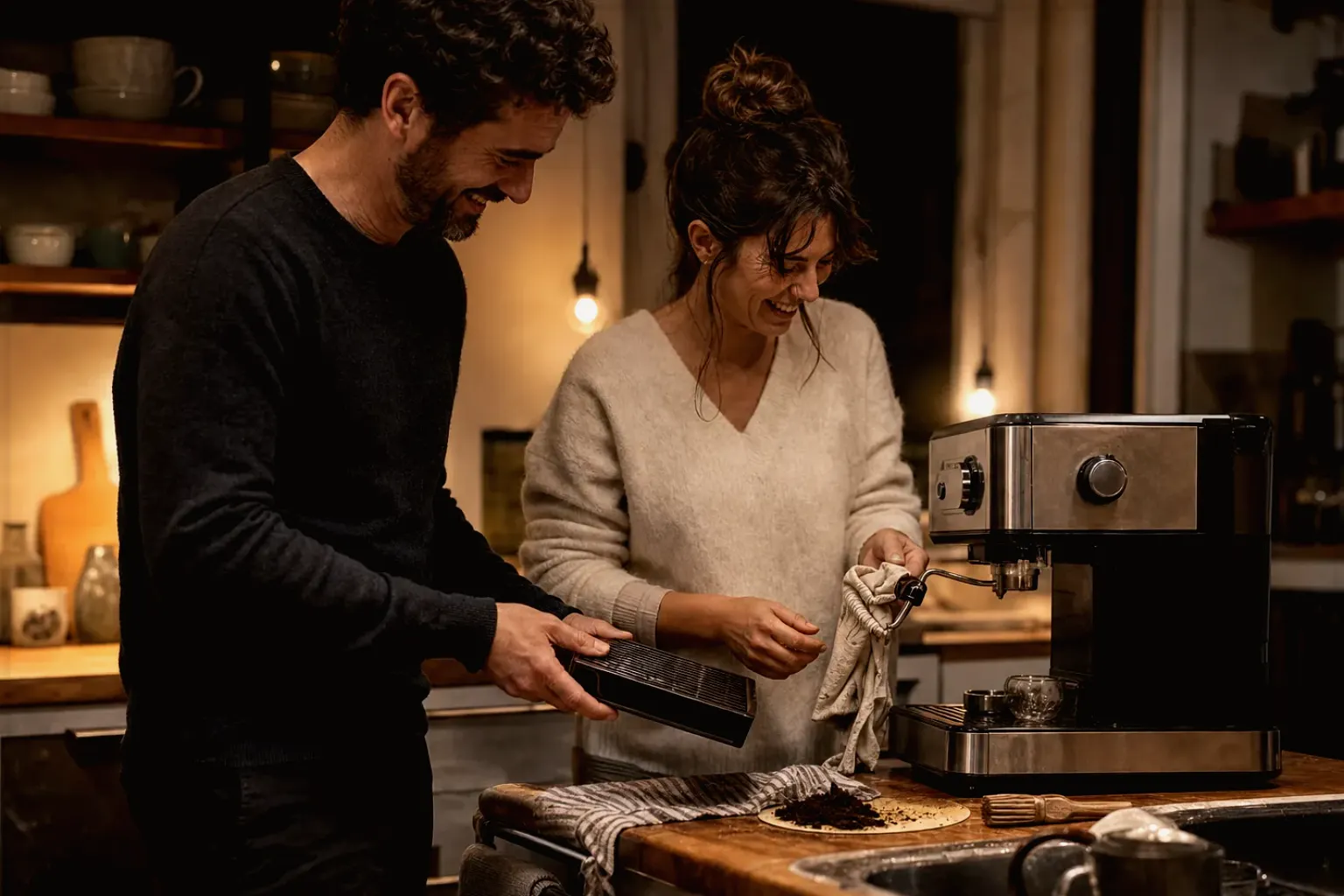 Ein Paar reinigt am Abend gemeinsam und gut gelaunt seine Espressomaschine in der Küche – gezeigt für Fürs Büro im Themenvergleich.
