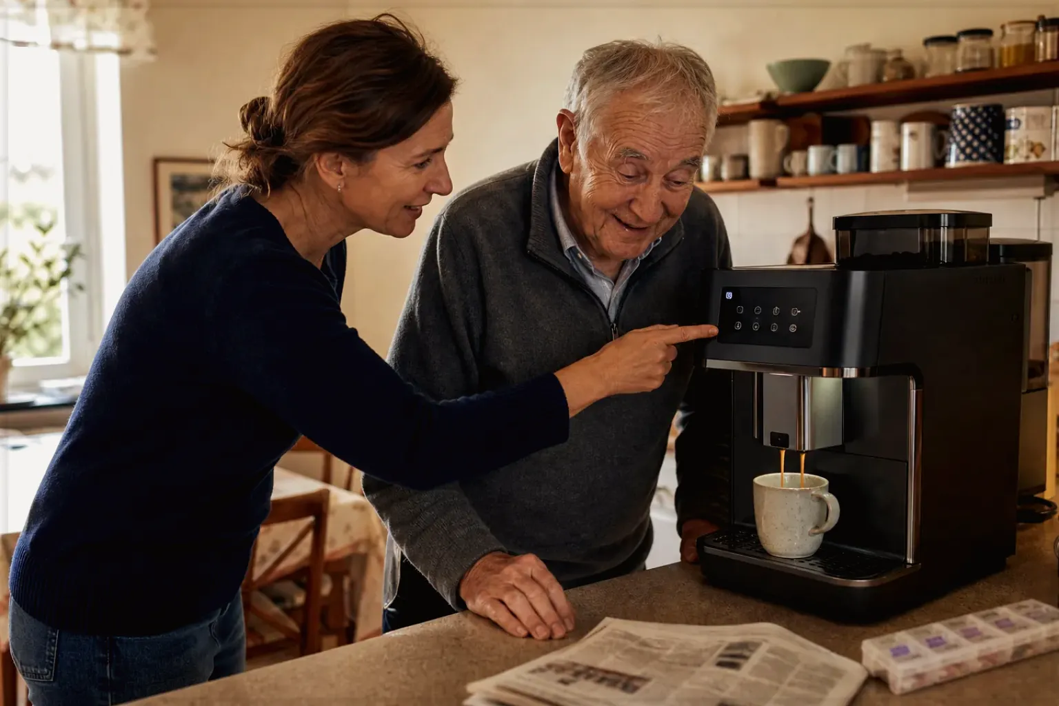 Eine erwachsene Tochter erklärt ihrem älteren Vater in seiner Küche einen Kaffeevollautomaten – gezeigt für Fürs Büro im Themenvergleich.