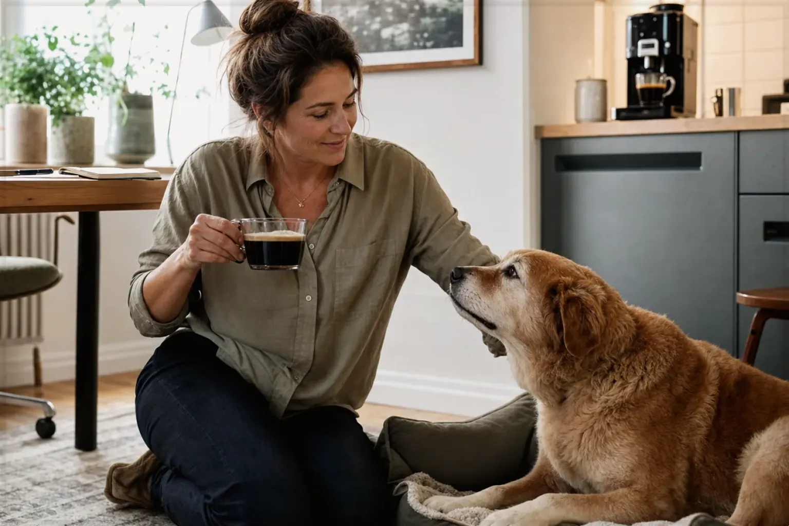 Eine Frau genießt im Homeoffice eine Kaffeepause bei ihrem älteren Hund – gezeigt für Fürs Büro im Themenvergleich.