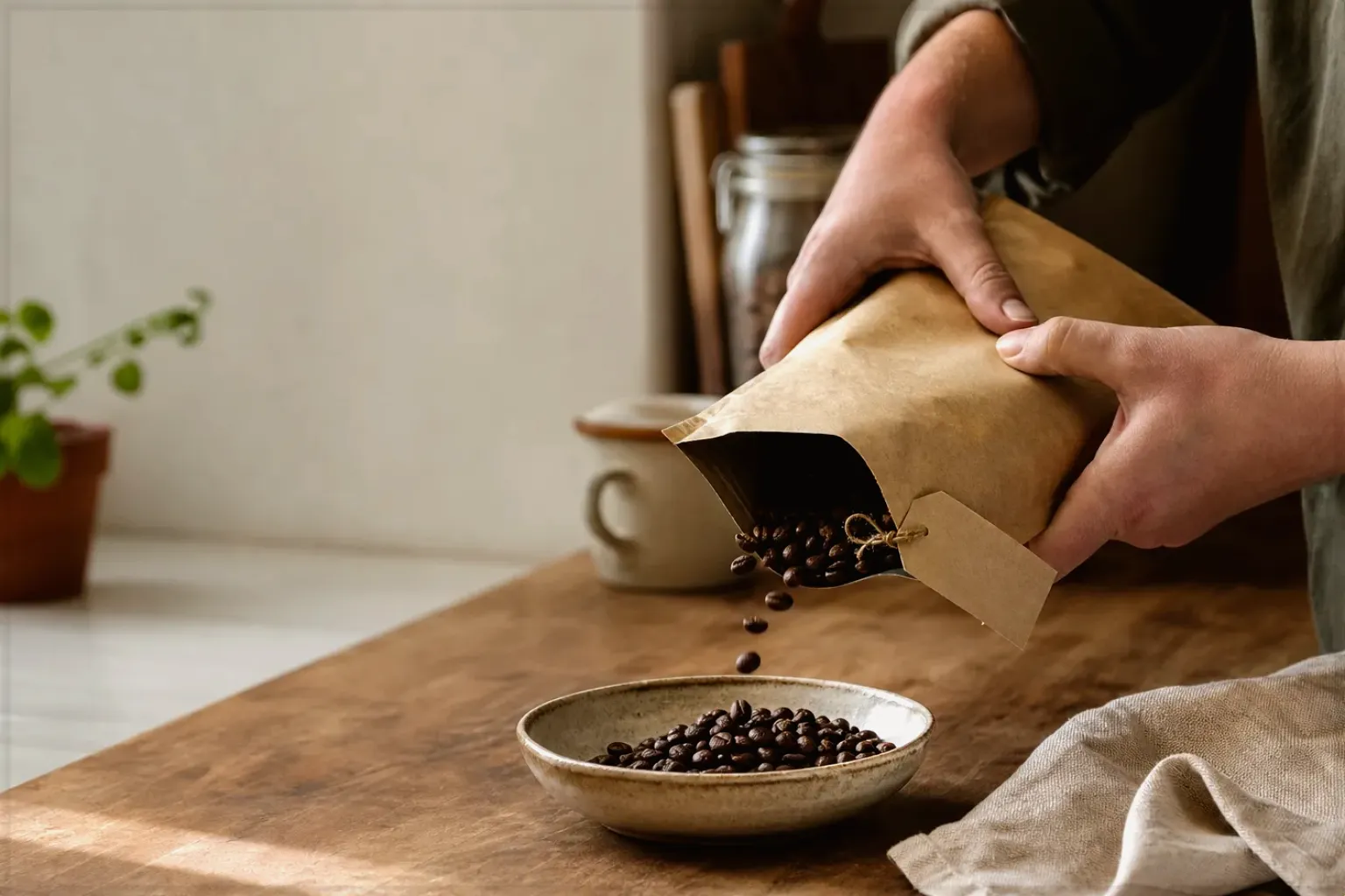 Hände füllen frisch geröstete Kaffeebohnen aus einer Papiertüte in eine Keramikschale – gezeigt für Fürs Büro im Themenvergleich.