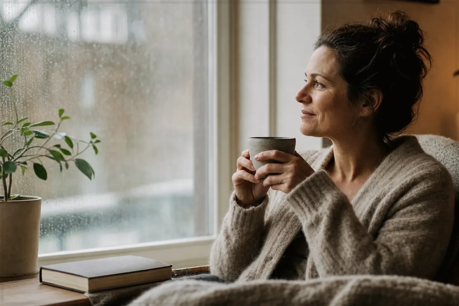 Eine Frau genießt an einem regnerischen Nachmittag ruhig eine Tasse Kaffee am Fenster – gezeigt für Fürs Büro im Themenvergleich.