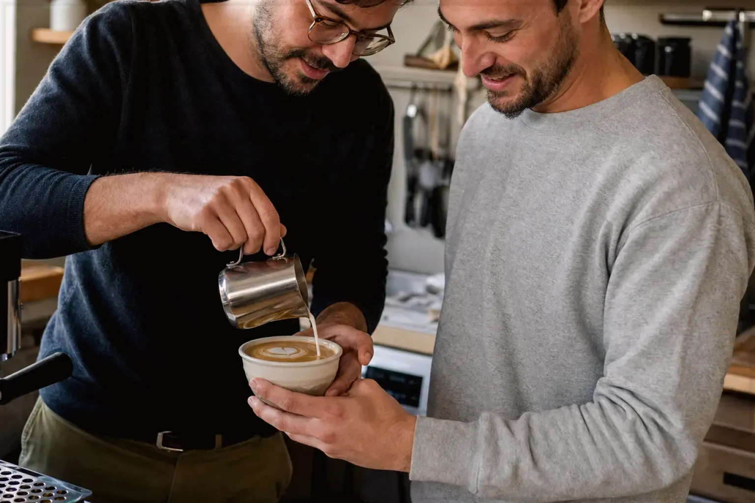 Zwei Freunde freuen sich in einer kleinen Küche über ihre gemeinsam gegossene Latte Art – gezeigt für Fürs Büro im Themenvergleich.