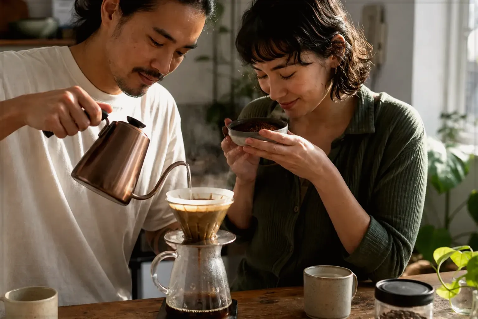 Zwei Menschen bereiten am Wochenende gemeinsam Filterkaffee mit einem Handfilter zu – gezeigt für Fürs Büro im Themenvergleich.