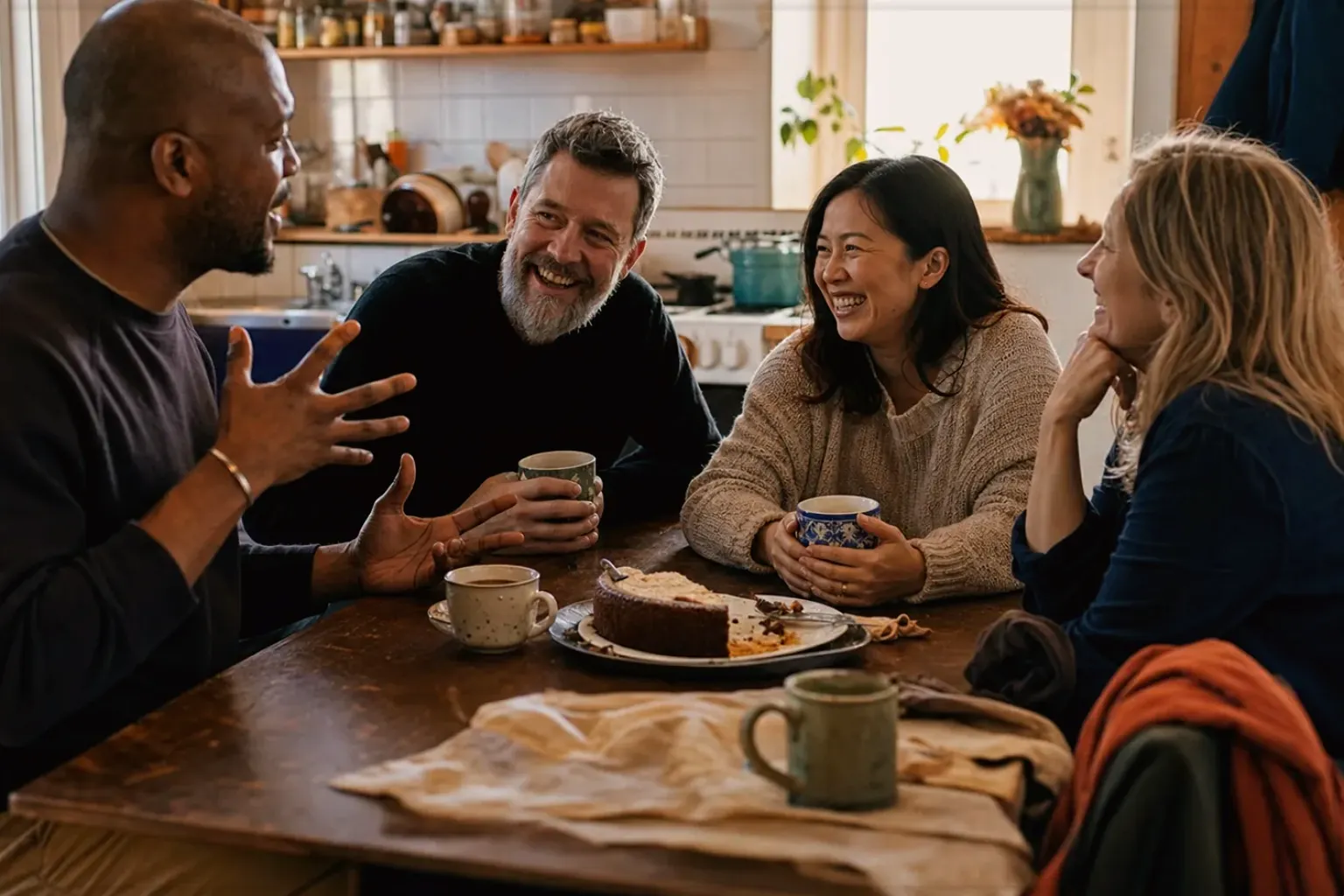 Vier erwachsene Freunde lachen gemeinsam bei Kaffee und selbst gebackenem Kuchen – gezeigt für Fürs Büro im Themenvergleich.