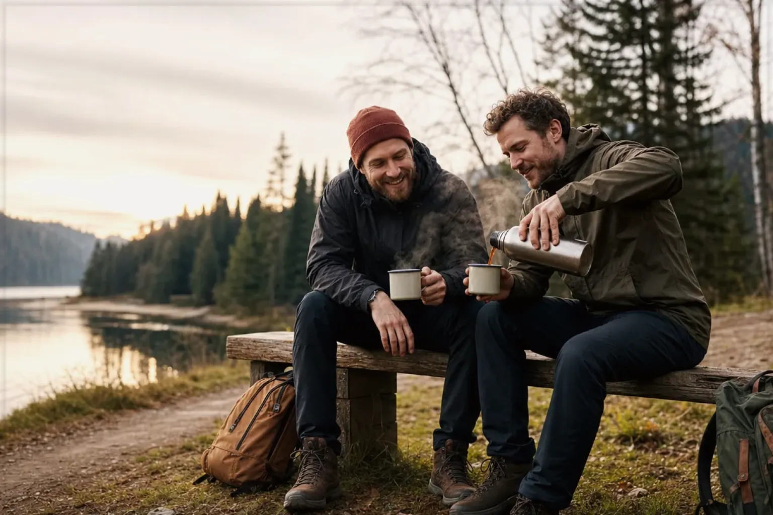 Zwei Freunde teilen auf einer Wanderung heißen Kaffee aus einer Thermoskanne am See – gezeigt für Fürs Büro im Themenvergleich.