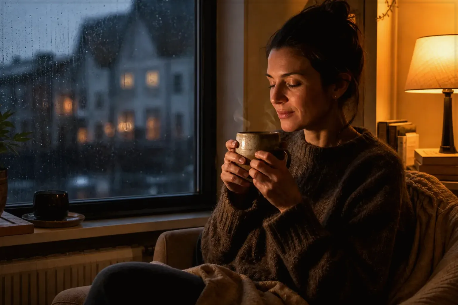 Eine Frau genießt an einem regnerischen Abend ruhig eine warme Tasse Kaffee am Fenster – gezeigt für Fürs Büro im Themenvergleich.