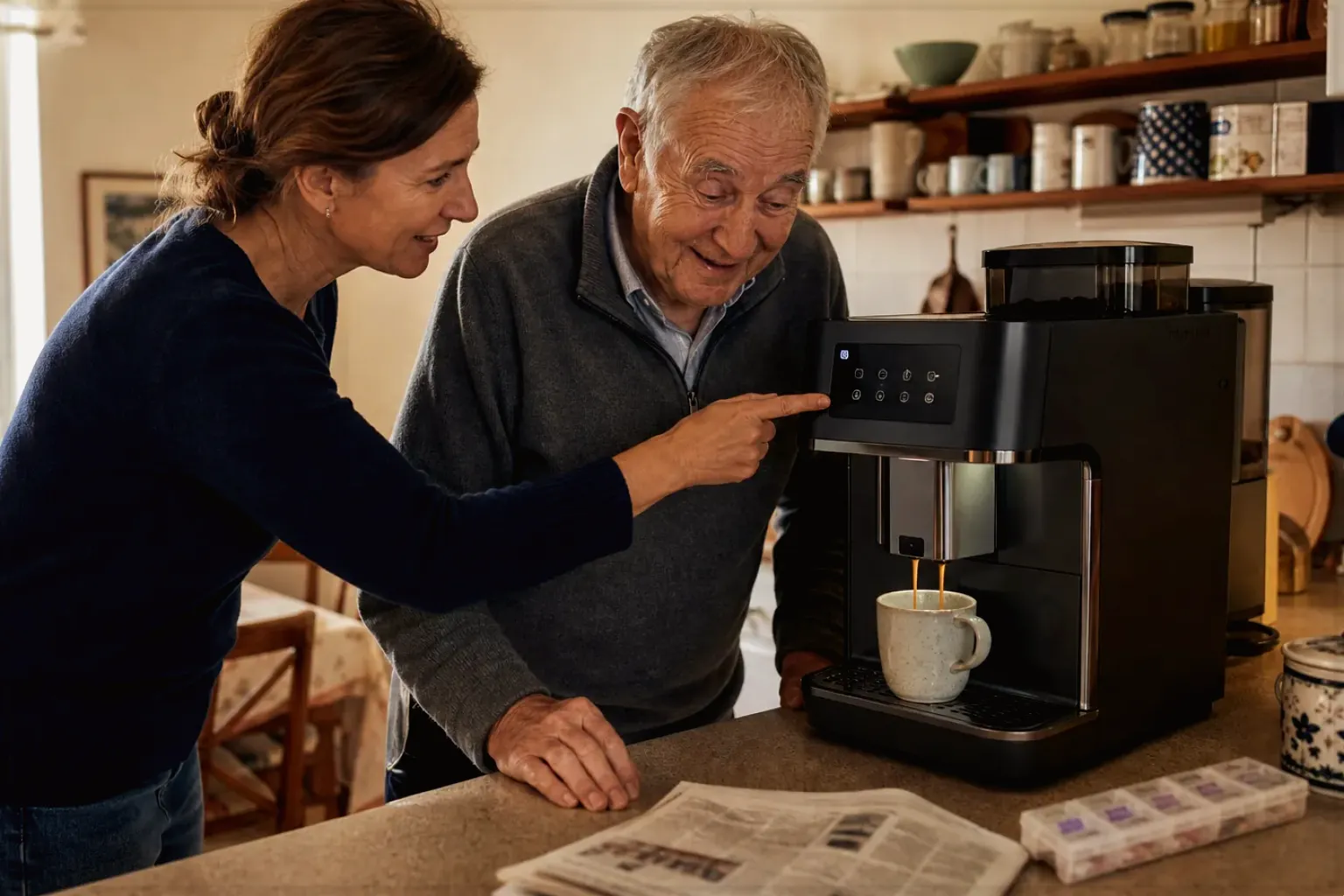 Eine erwachsene Tochter erklärt ihrem Vater verständlich die Bedienung eines Kaffeevollautomaten.