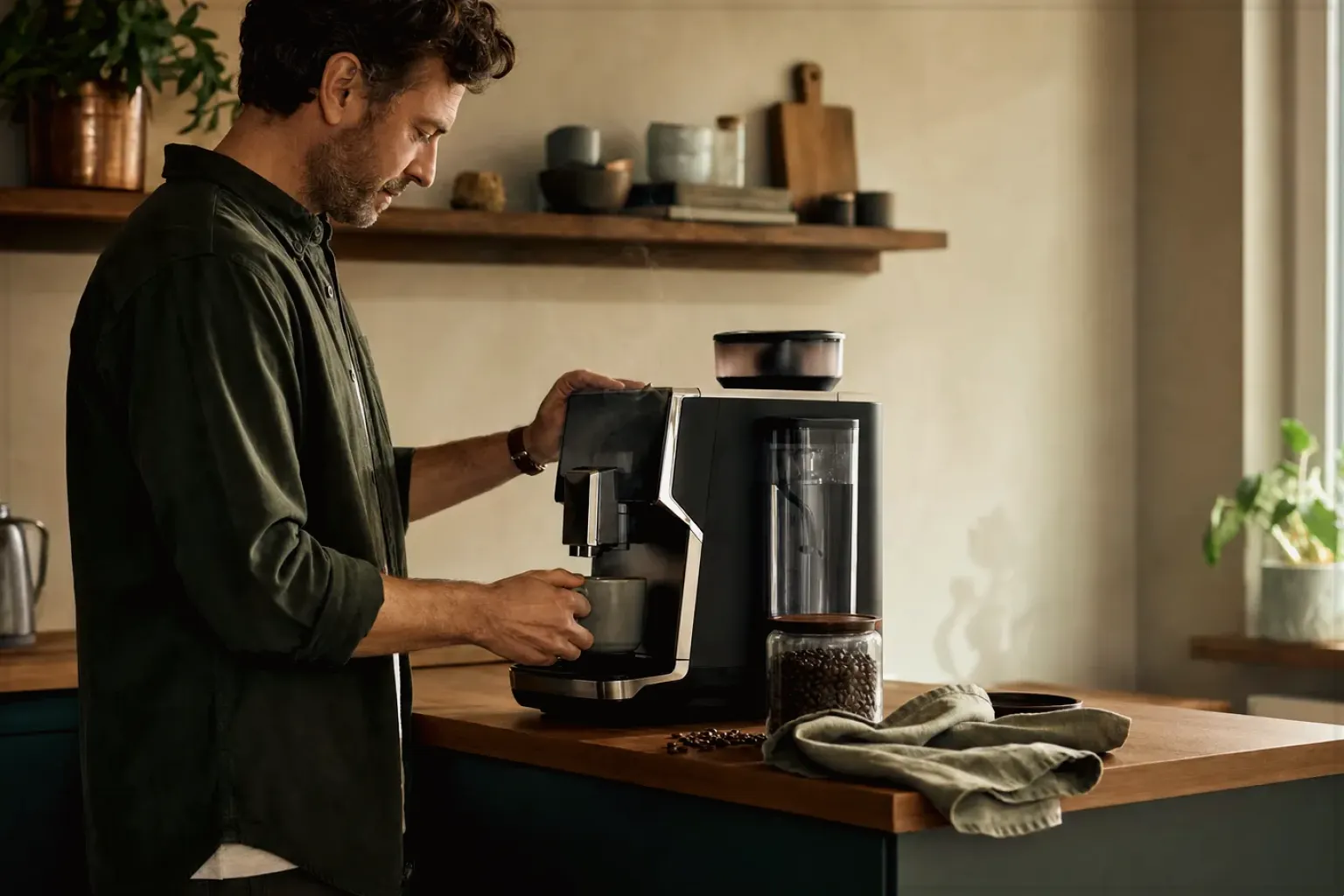 Ein Mann bereitet morgens Kaffee an einem Vollautomaten in seiner Küche zu – gezeigt für Für Einsteiger im Themenvergleich.