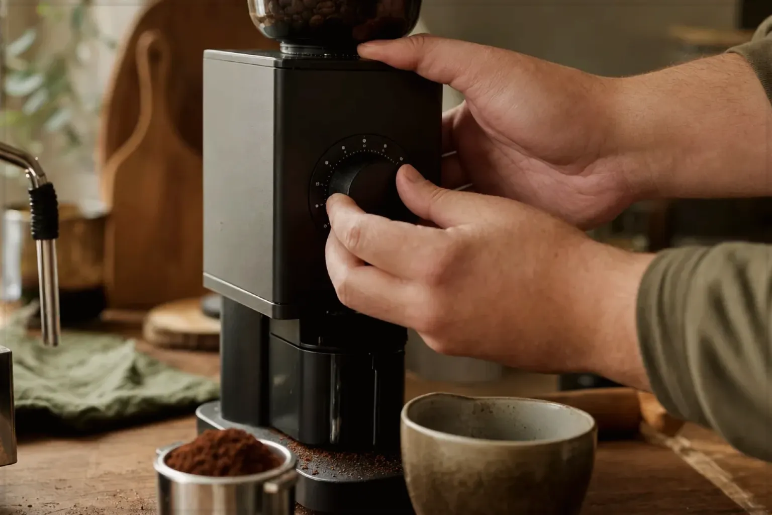 Zwei Hände stellen den Mahlgrad an einer Kaffeemühle neben einer Espressomaschine ein – gezeigt für Für Einsteiger im Themenvergleich.