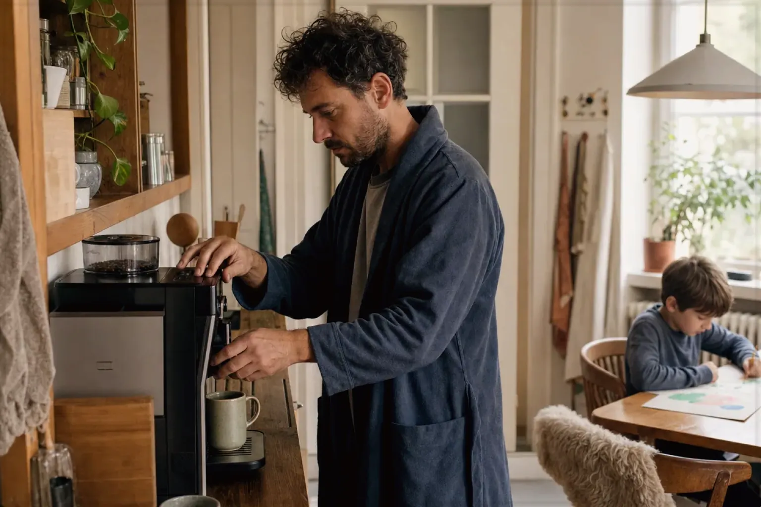 Ein Vater bereitet morgens Kaffee am Vollautomaten zu, während sein Kind am Küchentisch malt – gezeigt für Für Einsteiger im Themenvergleich.