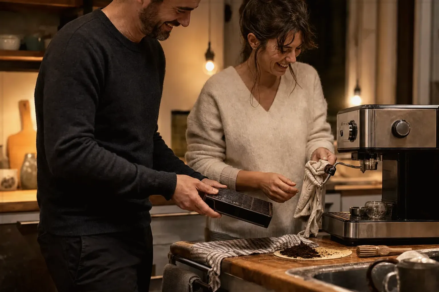Ein Paar reinigt am Abend gemeinsam und gut gelaunt seine Espressomaschine in der Küche – gezeigt für Für Einsteiger im Themenvergleich.