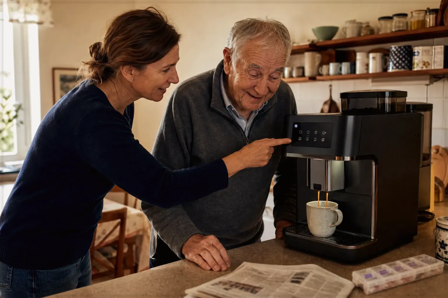 Eine erwachsene Tochter erklärt ihrem älteren Vater in seiner Küche einen Kaffeevollautomaten – gezeigt für Für Einsteiger im Themenvergleich.