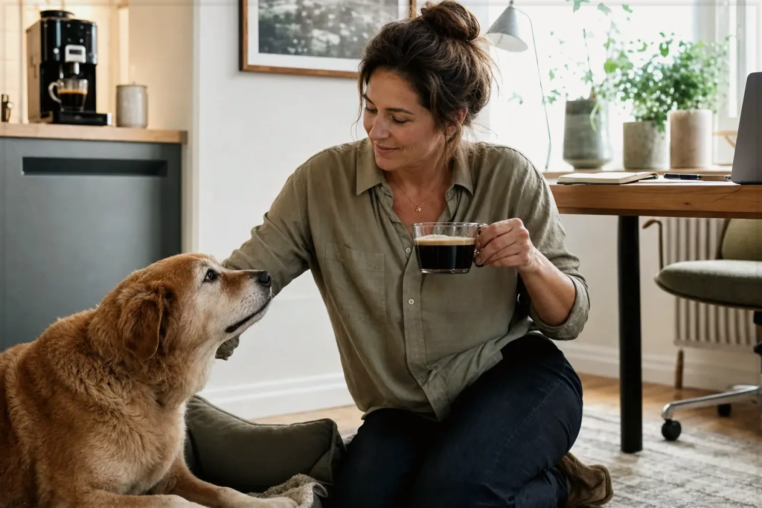 Eine Frau genießt im Homeoffice eine Kaffeepause bei ihrem älteren Hund – gezeigt für Für Einsteiger im Themenvergleich.
